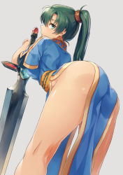 Rule 34 | 1girl, arched back, ass, bent over, blush, closed mouth, commentary request, dress, durandal (fire emblem), earrings, fingerless gloves, fire emblem, fire emblem: the blazing blade, gloves, green eyes, green hair, grey background, high ponytail, highres, jewelry, kneepits, long hair, looking at viewer, looking back, lyn (fire emblem), nintendo, no panties, parted bangs, pelvic curtain, planted, planted sword, planted weapon, ponytail, profile, sajittari, simple background, solo, sword, thighs, very long hair, weapon