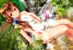 Rule 34 | 1girl, ano hito, blue bow, blush, bow, brown eyes, brown hair, character request, covering privates, creature, day, dutch angle, unworn eyewear, falcom, hair bow, hair over shoulder, kokonoe towa, light smile, long hair, looking at viewer, naked towel, nude cover, on floor, outdoors, sitting, soaking feet, solo, steam, tokyo xanadu, towel, white towel