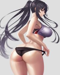 Rule 34 | 1girl, armpits, ass, back, black hair, black panties, blunt bangs, blurry, blush, breasts, covered erect nipples, cowboy shot, curvy, damegane, depth of field, grey background, highres, hip focus, large breasts, lidia (damegane), long hair, looking at viewer, looking back, looking to the side, orange eyes, original, panties, panty pull, ponytail, pulling own clothes, scrunchie, simple background, smile, solo, sports bra, standing, thighs, underwear, wedgie, wide hips