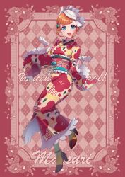 Rule 34 | 1girl, :d, alternate costume, argyle, argyle background, blue eyes, boots, cat hair ornament, character name, copyright name, floral print kimono, flower, frilled kimono, frills, full body, gloves, hair ornament, hands up, hat, hibino matsuri, high heel boots, high heels, highres, japanese clothes, kimono, looking at viewer, moukinui, obi, open mouth, orange hair, pretty series, sash, short hair, smile, solo, standing, waccha primagi!, white gloves, white hat, wide sleeves