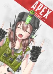Rule 34 | 1girl, :3, ^ ^, aboreen, animal ears, apex legends, black headwear, braid, brown hair, closed eyes, copyright name, cosplay, cropped vest, dog ears, dog girl, fangs, fingerless gloves, gloves, green vest, head tilt, highres, hololive, inugami korone, navel, object through head, octane (apex legends), octane (apex legends) (cosplay), open mouth, smile, solo, syringe, syringe in head, twin braids, vest, virtual youtuber