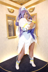 Rule 34 | 1girl, ankle boots, asian, blue eyes, blue hair, boots, bow, bracelet, breasts, choker, chouzuki maryou, cosplay, cure diamond (cosplay), dokidoki! precure, dress, headpiece, highres, jewelry, large breasts, long hair, magical girl, matching hair/eyes, own hands together, photo (medium), plump, ponytail, precure, puffy short sleeves, puffy sleeves, ribbon, short sleeves, solo, tiara