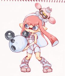 Rule 34 | 1girl, blue eyes, bodysuit, boots, commentary request, crown, drone, eatcookie3, floating, full body, gun, hairband, holding, holding gun, holding weapon, inkling, inkling girl, inkling player character, long hair, luna blaster (splatoon), nintendo, non-humanoid robot, open mouth, pearl drone (splatoon), pink hair, pointy ears, robot, simple background, sleeveless, sleeveless bodysuit, socks, splatoon (series), splatoon 3, splatoon 3: side order, standing, tentacle hair, thick eyebrows, traditional media, weapon, white background, white bodysuit, white footwear, white hairband, white socks