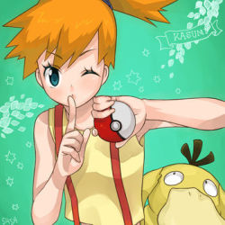 Rule 34 | 1girl, blue eyes, character name, creatures (company), game freak, gen 1 pokemon, green background, holding, holding poke ball, looking at viewer, lowres, misty (pokemon), nintendo, one eye closed, orange hair, poke ball, pokemon, pokemon (anime), pokemon (creature), psyduck, sasairebun, side ponytail, simple background, suspenders, wink