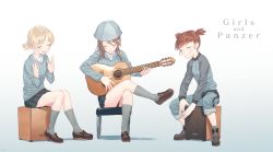 Rule 34 | 10s, 3girls, aki (girls und panzer), ankle boots, blew andwhite, blue footwear, blue jacket, blue pants, blue shirt, boots, brown hair, chair, clapping, closed eyes, commentary, copyright name, crossed legs, dress shirt, english text, full body, girls und panzer, gradient background, grey legwear, grey skirt, guitar, hair tie, hat, highres, holding, holding instrument, instrument, jacket, loafers, long hair, long sleeves, mika (girls und panzer), mikko (girls und panzer), military, military uniform, miniskirt, multiple girls, music, pants, pants rolled up, parted lips, playing instrument, pleated skirt, school uniform, shirt, shoes, short twintails, sitting, skirt, smile, socks, speaker, striped clothes, striped shirt, track jacket, track pants, twintails, uniform, vertical-striped clothes, vertical-striped shirt, white shirt