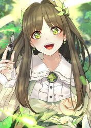 Rule 34 | 1girl, absurdres, black survival, breasts, brown hair, clover, dress, earrings, eternal return: black survival, green dress, green eyes, gweon sua, highres, holding, holding quill, jewelry, large breasts, long hair, open mouth, quill, rogi shin, shamrock, solo, symbol-shaped pupils, teeth, upper body, upper teeth only
