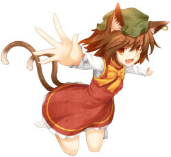 Rule 34 | 1girl, animal ear fluff, animal ear piercing, animal ears, bow, bowtie, brown hair, cat ears, cat tail, chen, commentary request, dress, earrings, fang, frilled dress, frilled headwear, frilled sleeves, frills, full body, green hat, hat, hoop earrings, jewelry, kneeling, long sleeves, looking at viewer, medium hair, mob cap, multiple tails, nekomata, no shoes, open mouth, outstretched arms, red dress, shiroino (shirayuki mutsuki), short dress, simple background, smile, socks, solo, tail, touhou, two tails, white background, white sleeves, white socks, yellow bow, yellow bowtie, yellow eyes