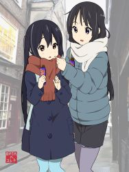 Rule 34 | 2girls, akiyama mio, black hair, black jacket, black skirt, building, chocolate, commentary request, dai suke judo bjj, door, food, food on face, green jacket, green pants, grey eyes, grey legwear, hair between eyes, highres, holding, holding chocolate, holding food, jacket, k-on!, long hair, looking at another, multiple girls, nakano azusa, open mouth, pants, pantyhose, red eyes, red scarf, road, scarf, skirt, smile, standing, street, teeth, twintails, upper teeth only, white scarf, window, winter clothes