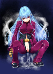 Rule 34 | 1girl, arms at sides, bad id, bad pixiv id, belt, blue hair, blush, dildo, dildo riding, full-length zipper, gloves, ice, kirishima satoshi, kula diamond, long hair, looking down, navel, no panties, open clothes, pussy, red eyes, sex toy, smile, snk, solo, spread legs, squatting, the king of fighters, uncensored, zipper