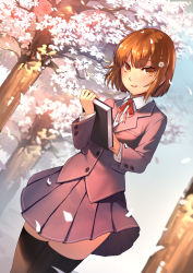 Rule 34 | 1girl, black jacket, black thighhighs, blazer, book, brown eyes, brown hair, cherry blossoms, day, dutch angle, hair ornament, hairclip, holding, holding book, jacket, long sleeves, looking at viewer, making-of available, original, outdoors, petals, pleated skirt, red ribbon, ribbon, saumaro, school uniform, short hair, skirt, standing, thighhighs, tree