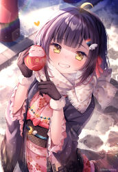 Rule 34 | 1girl, ahoge, black gloves, black hair, blonde hair, commentary request, daruma doll, day, fang, floral print, frilled sleeves, frills, fur-trimmed gloves, fur trim, gloves, grin, hair ornament, hairclip, hands up, heart, holding, japanese clothes, kimono, long sleeves, looking at viewer, nemuri nemu, obi, original, outdoors, pink kimono, pointing, print kimono, sash, smile, snow, solo, twitter username, wide sleeves, wing hair ornament, yellow eyes
