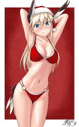 Rule 34 | 1girl, absurdres, animal ears, armpits, arms behind back, arms up, bikini, bird tail, blonde hair, blue eyes, blush, breasts, christmas, cleavage, collarbone, hanna-justina marseille, hat, head wings, highres, huge filesize, large breasts, long hair, looking at viewer, navel, parted lips, red background, red bikini, santa bikini, santa hat, satukiookami, shiny skin, simple background, solo, standing, strike witches, swimsuit, tail, teeth, two-tone background, white background, wing ears, wings, witches of africa, world witches series