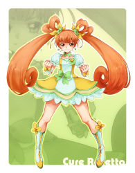 Rule 34 | 1girl, bad id, bad pixiv id, boots, bow, brooch, brown eyes, brown hair, character name, choker, clenched hand, clenched hands, cure rosetta, dokidoki! precure, double bun, dress, flower, full body, green background, hair bun, hair flower, hair ornament, hair ribbon, hair rings, heart, heart brooch, highres, knee boots, long hair, magical girl, mironomeo, nomeo, precure, ribbon, smile, solo, twintails, waist bow, wrist cuffs, yotsuba alice, zoom layer