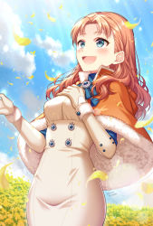 Rule 34 | 1girl, :d, annette fantine dominic, blue eyes, blue sky, blush, breasts, brown hair, capelet, cloud, commentary request, day, dress, fire emblem, fire emblem: three houses, flower, fur-trimmed capelet, fur trim, gloves, hands up, highres, long hair, long sleeves, looking away, medium breasts, nintendo, open mouth, orange capelet, outdoors, petals, sakura tsubame, signature, sky, smile, solo, white dress, white gloves, yellow flower