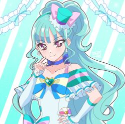 Rule 34 | 1girl, aqua background, aqua hair, aqua hairband, aqua headwear, aqua theme, arm warmers, blue bow, blue choker, bow, bright pupils, brooch, choker, closed mouth, collarbone, cure lillian, cure nico, dot nose, dress, dress bow, earrings, frills, hairband, hand on own hip, hat, hat bow, heart, heart brooch, highres, jewelry, long hair, looking at viewer, magical girl, multicolored bow, neck ribbon, nekoyashiki mayu, pink bow, ponytail, pouch, precure, purple eyes, ribbon, signature, smile, solo, striped, striped background, upper body, white dress, wonderful precure!