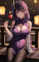 Rule 34 | 1girl, alternate costume, arm support, bare shoulders, black pantyhose, breasts, candy apple, china dress, chinese clothes, cleavage, cleavage cutout, closed mouth, clothing cutout, commentary request, covered navel, detached sleeves, dress, earrings, floral print, flower, food, genshin impact, hair flower, hair ornament, hand up, jewelry, lantern, large breasts, looking at viewer, mookyuu9, pantyhose, paper lantern, print dress, purple dress, purple eyes, purple flower, purple hair, purple nails, raiden shogun, see-through, see-through sleeves, sidelocks, sky lantern, sleeveless, sleeveless dress, smile, solo, thighband pantyhose, thighs, white sleeves