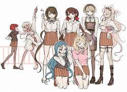 Rule 34 | 6+girls, ^ ^, adapted costume, ahoge, akamatsu kaede, alternate costume, alternate universe, annoyed, antenna hair, apron, barbed wire, bare arms, bare legs, bead bracelet, bead necklace, beads, belt, belt buckle, bikini, black apron, black belt, black bra, black choker, black footwear, black hairband, black ribbon, black sash, black shirt, black vest, blonde hair, blue hair, blunt bangs, bob cut, boots, bow, box, bra, bracelet, breasts, brown-framed eyewear, brown footwear, brown hair, brown skirt, buckle, buttons, chabashira tenko, choker, cleavage, clenched teeth, closed eyes, collarbone, collared shirt, cross-laced footwear, danganronpa (series), danganronpa v3: killing harmony, dark-skinned female, dark skin, dress shirt, eyelashes, eyes visible through hair, flying sweatdrops, fortissimo, frilled bikini, frills, full body, glasses, gloves, goggles, goggles on head, green eyes, green hairband, grey pantyhose, hair between eyes, hair bow, hair ornament, hair over one eye, hair scrunchie, hairband, hairclip, hand on lap, hand on own head, hand on own hip, hand up, hands on own head, happy, harukawa maki, high heel boots, high heels, highres, holding, holding box, holding gloves, holding unworn clothes, hope&#039;s peak academy school uniform, iruma miu, jewelry, knee boots, kneehighs, kneeling, knees, lace, lace-trimmed bra, lace-trimmed hairband, lace trim, large breasts, long hair, long sleeves, looking at another, low twintails, messy hair, miniskirt, mole, mole under eye, mole under mouth, morning (d0nteat), multiple belts, multiple girls, musical note, musical note hair ornament, neck ribbon, necklace, nervous smile, o-ring, o-ring belt, open mouth, pantyhose, pink shirt, pleated skirt, pointing, pointing up, purple gloves, purple socks, railing, red hair, red scrunchie, ribbon, round eyewear, rubber gloves, sandals, sash, school uniform, scrunchie, shell, shell necklace, shirogane tsumugi, shirt, shoe belt, shoes, short hair, short sleeves, sidelocks, single bare shoulder, single glove, skirt, sleeves rolled up, smile, sneakers, socks, standing, stiletto heels, striped clothes, striped thighhighs, swimsuit, teeth, thigh belt, thigh strap, thighhighs, tojo kirumi, tools, twintails, underwear, upper teeth only, uwabaki, vertical-striped clothes, vertical-striped thighhighs, very long hair, vest, waist ribbon, waist sash, wavy hair, white background, white bikini, white bow, white footwear, white hair, white raincoat, white shirt, white socks, white thighhighs, wrench, yellow footwear, yonaga angie, yumeno himiko