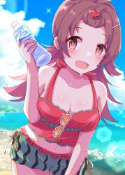 Rule 34 | 1girl, :d, absurdres, ahoge, beach, blue sky, blush, bottle, breasts, cloud, collarbone, commentary, day, eyewear hang, food-themed hair ornament, food print, ginmugi, green shorts, hair flaps, hair ornament, hairclip, hand up, highres, holding, holding bottle, idolmaster, idolmaster shiny colors, komiya kaho, lens flare, long hair, looking at viewer, medium breasts, midriff, ocean, official alternate costume, open mouth, outdoors, pocari sweat, red eyes, red hair, red shirt, shirt, shorts, sidelocks, sky, smile, solo, sparkle, standing, sunglasses, sunlight, sweat, tank top, thighs, translation request, unworn eyewear, water bottle, watermelon hair ornament, watermelon print