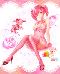 Rule 34 | 1girl, bad id, bad pixiv id, bow, breasts, cleavage, drill hair, flower, food, fruit, hair bow, high heels, koshika rina, macaron, macaroon, original, pink theme, plate, rose, shoes, small breasts, solo, strawberry, stuffed animal, stuffed toy, thighhighs, twin drills, twintails, viceco03talis