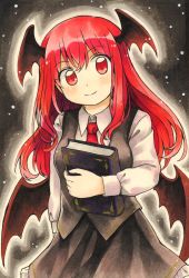 Rule 34 | 1girl, bat wings, black background, black skirt, black vest, book, breasts, closed mouth, cowboy shot, hair between eyes, head tilt, head wings, highres, holding, holding book, koakuma, light blush, long hair, long sleeves, looking at viewer, maa (forsythia1729), marker (medium), medium breasts, necktie, outer glow, petticoat, red eyes, red hair, red necktie, simple background, skirt, smile, solo, touhou, traditional media, vest, wing collar, wings