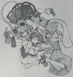 Rule 34 | 3girls, :o, ;), ;o, animal ears, basket, carbohydrate (asta4282), character name, closed mouth, commentary request, dress, flying sweatdrops, geta, hat, highres, holding, holding umbrella, juliet sleeves, karakasa obake, long sleeves, mouse, mouse ears, mouse tail, multiple girls, murasa minamitsu, nazrin, one-hour drawing challenge, one eye closed, open mouth, puffy sleeves, sailor hat, shoes, short hair, shorts, skirt, smile, socks, tail, tatara kogasa, tongue, touhou, traditional media, umbrella, vest