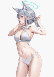 Rule 34 | 1girl, absurdres, animal ears, bare arms, bare legs, bare shoulders, bikini, blue archive, blue eyes, blue halo, breasts, cowboy shot, cross hair ornament, extra ears, grey hair, hair ornament, halo, highres, large breasts, long hair, navel, shiroko (blue archive), simple background, solo, swimsuit, white background, white bikini, wolf ears, xi xeong