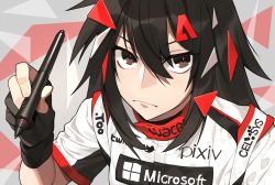 Rule 34 | 1boy, absurdres, bad id, bad pixiv id, black eyes, black hair, blush, comeo (komeo15), fingerless gloves, frown, gloves, hair between eyes, hair ornament, hairclip, highres, holding, holding pen, jacket, long hair, looking at viewer, male focus, microsoft, original, pen, pixiv, solo, twitter, twitter logo, white jacket