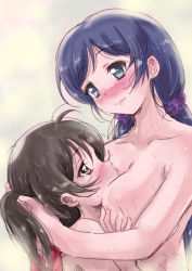 Rule 34 | 10s, 2girls, between breasts, black hair, blurry, blurry background, blush, grabbing another&#039;s breast, breasts, demag, eye contact, grabbing, green eyes, hair ornament, hair scrunchie, head between breasts, head tilt, height difference, large breasts, long hair, looking at another, love live!, love live! school idol project, multiple girls, nude, purple hair, red eyes, scrunchie, smile, standing, tojo nozomi, twintails, upper body, wet, yazawa nico, yuri