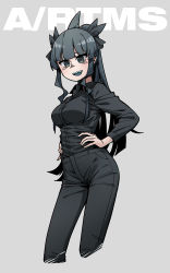 Rule 34 | 1girl, absurdres, artemis of the blue, black legwear, black shirt, black theme, blue eyes, blue hair, breasts, buttons, character name, collared shirt, colored tongue, contrapposto, cowboy shot, cropped legs, dress shirt, hands on own hips, highres, large breasts, long hair, long sleeves, looking at viewer, neonfloyd, open collar, open mouth, pants, sharp teeth, shirt, shirt tucked in, skin tight, solo, teeth, virtual youtuber