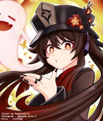 Rule 34 | 1girl, absurdres, black nails, brown hair, chinese clothes, commentary, flower, genshin impact, ghost, hair between eyes, hat, hat flower, hat ornament, highres, hu tao (genshin impact), jewelry, long hair, long sleeves, looking at viewer, mixed-language commentary, nail polish, orange eyes, parted lips, pegasus arts, ring, sidelocks, simple background, symbol-shaped pupils, twintails