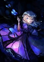 Rule 34 | 1girl, absurdres, black background, blonde hair, blue butterfly, blue eyes, bug, butterfly, collared shirt, dress, frills, hat, highres, insect, long skirt, long sleeves, maribel hearn, minus (sr mineka), mob cap, purple dress, purple skirt, shirt, short hair, skirt, solo, touhou, wavy hair