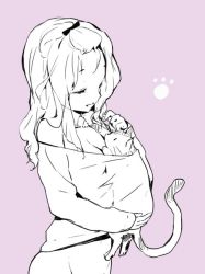 Rule 34 | 1girl, animal, animal in clothes, blonde hair, bottomless, cat, closed eyes, cuteg, monochrome, naked shirt, no panties, shirt, smile, solo