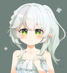Rule 34 | 1girl, absurdres, alternate costume, braid, casual, chui chui qy, collarbone, commentary request, contemporary, crown braid, dress, frilled dress, frills, genshin impact, green eyes, grey background, grey hair, hair between eyes, hand on own chest, highres, long hair, looking at viewer, nahida (genshin impact), pointy ears, portrait, side ponytail, sidelocks, simple background, single braid, sleeveless, smile, solo, spaghetti strap, symbol-shaped pupils