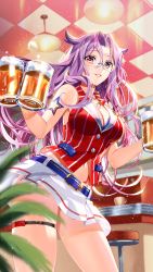Rule 34 | 1girl, alcohol, bare arms, bare shoulders, beer, beer mug, belt, breasts, cleavage, collared shirt, contrapposto, cowboy shot, cup, girl cafe gun, hair flaps, hair intakes, highres, holding, indoors, large breasts, long hair, looking at viewer, miniskirt, mug, navel, nola moon (girl cafe gun), official art, parted lips, pleated skirt, purple hair, red eyes, red shirt, shirt, skirt, sleeveless, sleeveless shirt, solo, standing, stomach, striped clothes, striped shirt, thigh strap, thighs, waitress, white skirt
