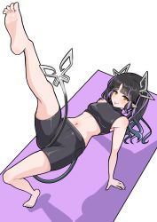 Rule 34 | 1girl, nanashi inc., barefoot, bike shorts, black hair, black shorts, black sports bra, blush, breasts, closed mouth, commentary request, demon girl, demon horns, demon tail, full body, highres, horns, kojo anna, long hair, looking at viewer, medium breasts, midriff, multicolored hair, navel, pointy ears, purple hair, robou no stone, shorts, smile, soles, solo, sports bra, sugar lyric, tail, tongue, tongue out, two-tone hair, virtual youtuber, white background, yellow eyes, yoga mat