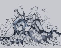 Rule 34 | 1girl, arknights, beret, bird, blue theme, cloak, closed mouth, commentary request, garter straps, greyscale, hair between eyes, hat, limited palette, lying, monochrome, plume (arknights), sasa onigiri, short hair, solo, sweatdrop