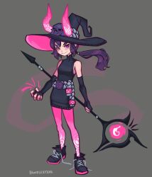 Rule 34 | 1girl, absurdres, artist name, belt, bumblesteak, demon horns, grey background, hat, highres, holding, holding staff, holding weapon, horns, long hair, nose, original, purple eyes, purple hair, shirt, shoes, simple background, smile, solo, staff, standing, thighhighs, weapon, witch hat