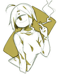 Rule 34 | 1girl, :/, ahoge, breasts, cigarette, cyclops, female focus, highres, holding, holding cigarette, hood, hoodie, large breasts, limited palette, monochrome, muroku (aimichiyo0526), one-eyed, original, simple background, sketch, smoke, smoking, solo, swept bangs, two-tone background, upper body, white background, yellow background