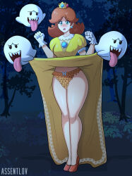 Rule 34 | 1girl, assentlov, blush, boo (mario), clothes lift, crown, dress, dress lift, earrings, embarrassed, evil grin, evil smile, fangs, flower earrings, forest, ghost, gloves, grin, high heels, highres, humiliation, jewelry, legs, mario (series), nature, night, nintendo, orange dress, panties, pervert, princess daisy, puffy short sleeves, puffy sleeves, short sleeves, smile, tongue, tongue out, underwear, upskirt