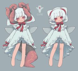 Rule 34 | 1other, androgynous, animal, animal name, arms at sides, barefoot, bike shorts, bow, bowtie, bright pupils, capelet, closed mouth, commentary request, dress, frilled capelet, frills, full body, grey background, highres, hood, hood up, hooded capelet, looking at viewer, monster girl, original, personification, piyoko9494, red bow, red bowtie, red eyes, ringed eyes, sea angel, short hair, simple background, sleeves past fingers, sleeves past wrists, smile, tail, tentacles, variations, white dress, white hair, white pupils, wings