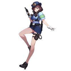 Rule 34 | 1girl, armband, baton (weapon), belt, belt pouch, black footwear, black survival, blue shirt, blue skirt, blunt bangs, braid, breasts, brown eyes, brown hair, commentary, cuffs, english commentary, eternal return: black survival, expandable baton, full body, glasses, gloves, green armband, gun, handcuffs, handgun, hat, highres, holding, holding weapon, key, keyring, large breasts, looking at viewer, miniskirt, necktie, official alternate costume, official art, open mouth, police, police hat, police uniform, policewoman, pouch, revolver, shirt, shoes, short sleeves, short twintails, simple background, skirt, suzuki aya, taut clothes, taut shirt, thigh pouch, thigh strap, thighs, twin braids, twintails, uniform, weapon, white background, white gloves