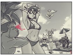 Rule 34 | 2boys, 3girls, armpits, arms up, ayla (chrono trigger), beach, bikini, blood, border, breasts, chrono trigger, cleavage, covering own mouth, crono (chrono trigger), earrings, flip-flops, floating, flying sweatdrops, frog, frog (chrono trigger), glasses, greyscale, hair tubes, headband, highres, jewelry, levitation, long hair, lucca ashtear, machine, magus (chrono trigger), male swimwear, marle (chrono trigger), medium breasts, monochrome, multiple boys, multiple girls, muscular, muscular male, navel, nosebleed, parted lips, pointy ears, ponytail, robo (chrono trigger), robot, ryan jampole, sandals, signature, sky, small breasts, spiked hair, spot color, sunglasses, swim briefs, swim trunks, swimsuit, tree, undressing, white border