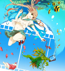 Rule 34 | 1girl, brown hair, day, fish, gradient background, highres, jumping, loafers, long hair, looking back, massuru, midriff, original, paint, school uniform, serafuku, shoes, sky, smile, solo, striped, striped background, surreal, upskirt