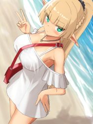 Rule 34 | 1girl, bag, bare shoulders, beach, blonde hair, blunt bangs, blush, braid, breasts, cleavage, closed mouth, collarbone, dress, elf, elfenlied22, french braid, green eyes, hand on own hip, highres, jewelry, large breasts, long hair, looking at viewer, necklace, off shoulder, original, pointy ears, ponytail, shoulder bag, solo, v, white dress