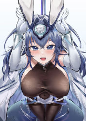 Rule 34 | 1girl, absurdres, animal ears, azur lane, blue eyes, blue hair, blush, bodystocking, breasts, coat, covered navel, elbow gloves, fake animal ears, from above, gloves, headgear, highres, large breasts, long hair, looking at viewer, looking up, new jersey (azur lane), open clothes, open coat, pantyhose, qianshui baodan, rabbit ears, rabbit pose, sideboob, simple background, solo, taut clothes, thighband pantyhose, white background, white coat, white gloves