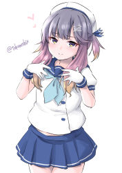 Rule 34 | 1girl, blue neckerchief, blue ribbon, blue sailor collar, blue skirt, gloves, gradient hair, hat, highres, kantai collection, looking at viewer, multicolored hair, neckerchief, orange hair, pleated skirt, puffy short sleeves, puffy sleeves, purple eyes, purple hair, ribbon, sailor collar, sailor hat, short hair, short hair with long locks, short sleeves, sidelocks, simple background, skirt, solo, takomeshi, tsushima (kancolle), twitter username, white background, white gloves, white hat