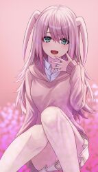 Rule 34 | 1girl, :d, blush, breasts, collared shirt, commentary request, dande cat, feet out of frame, green eyes, hand to own mouth, hand up, happy, highres, hood, hood down, hoodie, long hair, looking at viewer, medium breasts, miniskirt, nemoto hina, open mouth, pink background, pink hair, pink hoodie, pink nails, pleated skirt, school uniform, shirt, sitting, skirt, smile, solo, teeth, tongue, two side up, upper teeth only, watashi ga motenai no wa dou kangaetemo omaera ga warui!, white shirt, yellow skirt