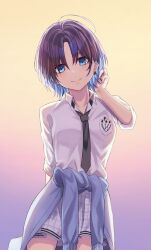 Rule 34 | 1girl, ahoge, asakura toru, blue cardigan, blue eyes, blue hair, breasts, cardigan, cardigan around waist, closed mouth, clothes around waist, collarbone, collared shirt, commentary request, dande cat, earrings, gradient background, gradient hair, grey skirt, hand up, highres, idolmaster, idolmaster shiny colors, jewelry, looking at viewer, multicolored hair, necktie, parted bangs, plaid, plaid skirt, pleated skirt, purple background, purple hair, red necktie, school uniform, shirt, short hair, skirt, sleeves rolled up, small breasts, smile, solo, white shirt, yellow background