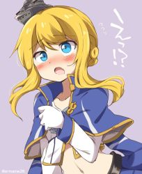 Rule 34 | 1girl, aiguillette, azur lane, blonde hair, blue capelet, blue eyes, blue skirt, blush, braid, capelet, collarbone, crop top, eromame, eyebrows, facing away, flying sweatdrops, french braid, gloves, hair ornament, long sleeves, looking away, navel, open mouth, pleated skirt, purple background, renown (azur lane), shirt, short hair, simple background, single braid, skirt, solo, stomach, tongue, twitter username, white gloves, white shirt