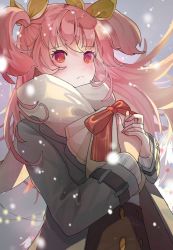Rule 34 | 1girl, bag, blurry, blurry background, blush, bow, brown coat, brown scarf, brown skirt, christmas, closed mouth, coat, gift, gift bag, hair ribbon, holding, holding bag, long hair, long sleeves, looking at viewer, momoi airi, more more jump! (project sekai), nwds3248, open clothes, open coat, outdoors, pink hair, project sekai, red bow, red eyes, ribbon, scarf, skirt, snowing, solo, two side up, upper body, yellow ribbon